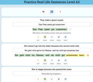 Screenshot of an interactive German language learning app for Level A2 featuring English-to-German translation exercises.