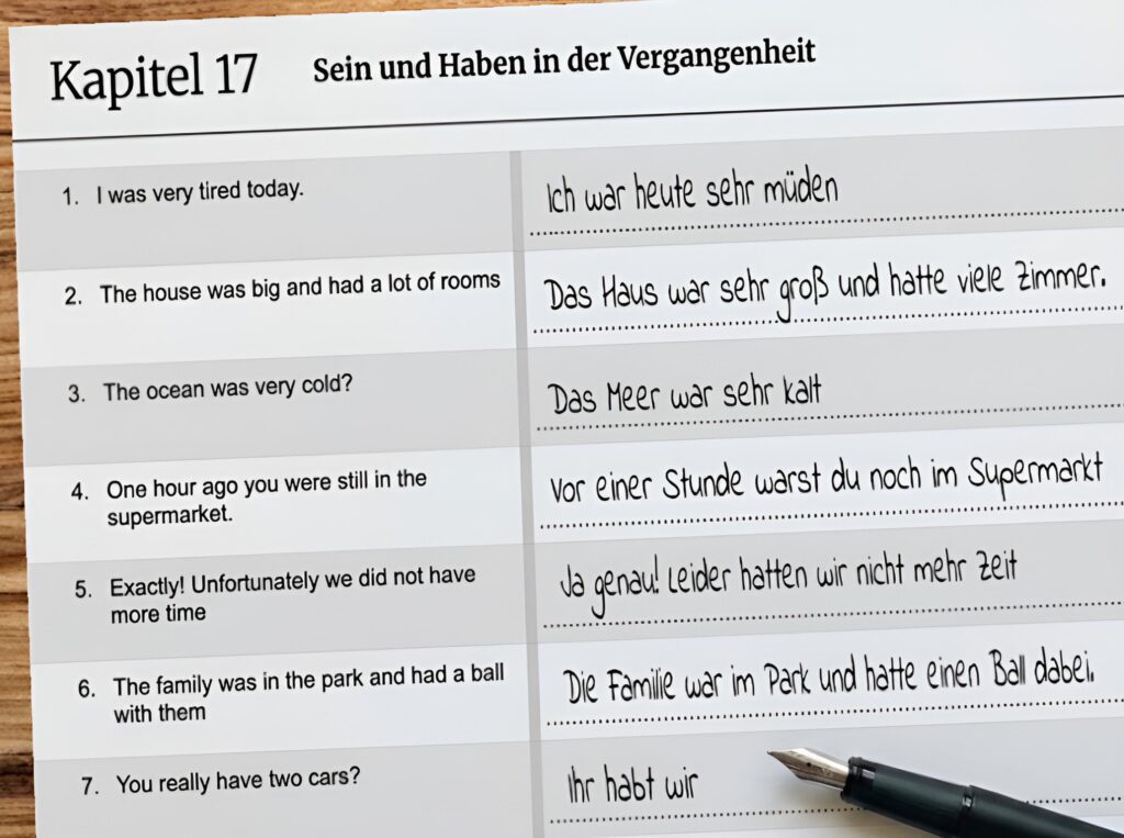 German as a Foreign Language worksheet focusing on "Sein und Haben in der Vergangenheit" (To Be and To Have in the past tense) with English to German translation examples.