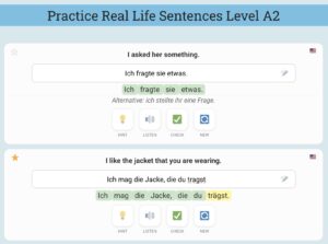 Screenshot of an interactive German language learning app for Level A2 featuring English-to-German translation exercises.