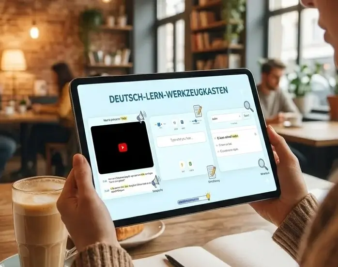 A woman in a Coffee is learning German with sofapiano