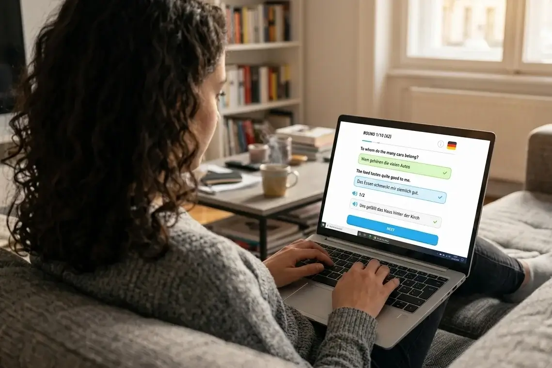 A woman taking an online German placement test (Level A2) on her laptop, showing English-to-German translation exercises for grammar and vocabulary.