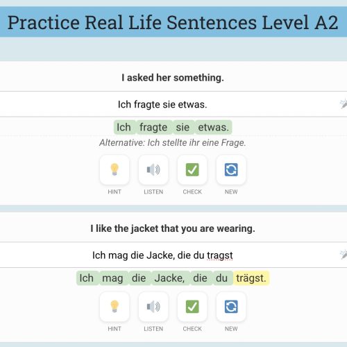 Screenshot of an interactive German language learning app for Level A2 featuring English-to-German translation exercises.