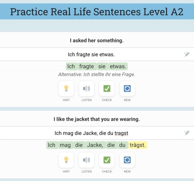 Screenshot of an interactive German language learning app for Level A2 featuring English-to-German translation exercises.